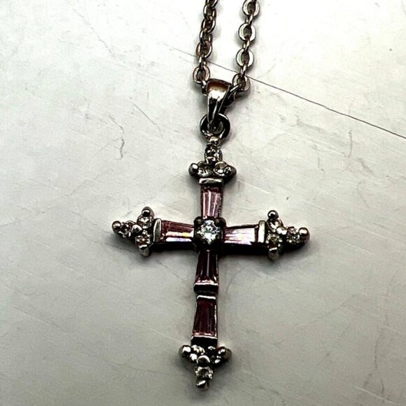 Vintage-Inspired Cookie Lee Cross Necklace With Pink & Clear Rhinestones. B76 - Picture 13 of 14
